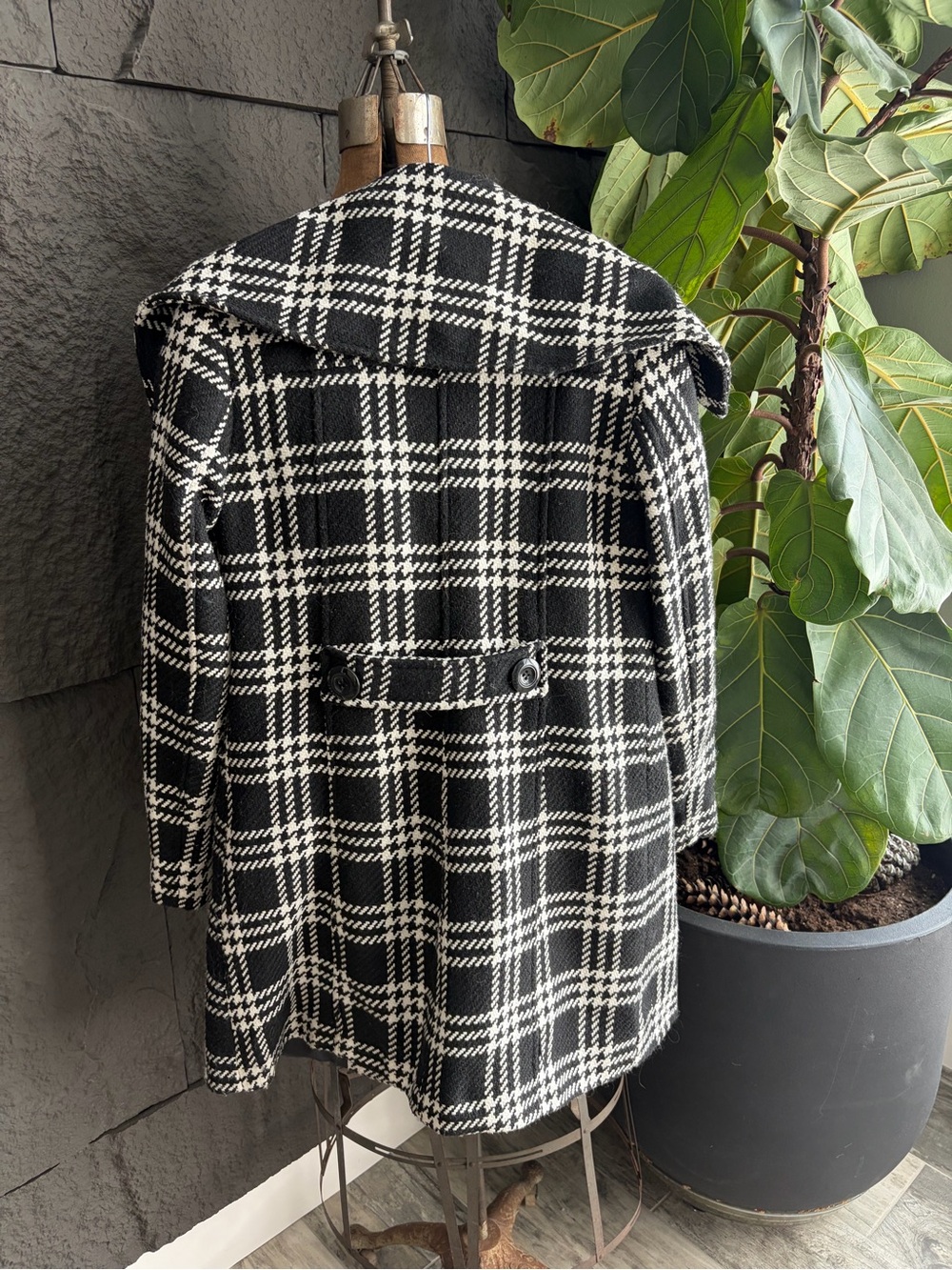 Black & White Plaid Double-Breasted Women's Coat - Picture 3 of 3